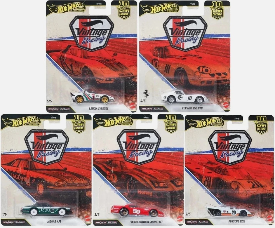 Hot Wheels Vintage Racing - kompletný set 5 kusov